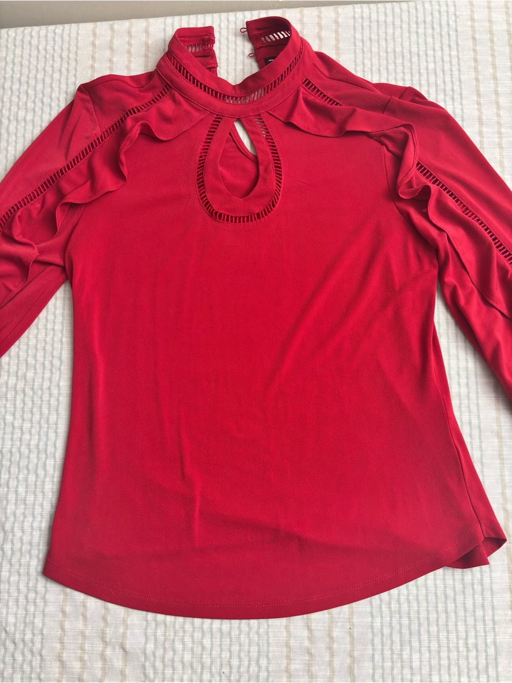 New York & Company Red Ruffle Keyhole Long-Sleeve Blouse